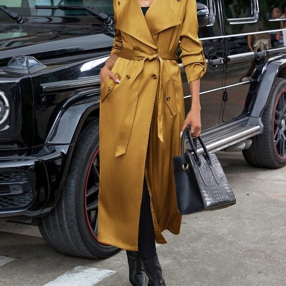 Roll Up Sleeve Belted Satin Trench Coat yellow - Picture 5 of 6